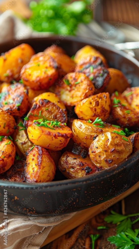 Cooked Potatoes in a Pan on a Table Cooked Potatoes in a Pan on a Table