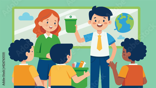 A passionate student giving a presentation to their classmates about the importance of recycling and how their school can lead the way in creating a. Vector illustration
