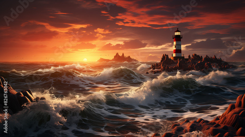 Un phare se dresse majestueusement sur la c  te    clair   par les teintes dor  es et orang  es d un coucher de soleil sur la mer.