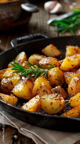 Cooked Potatoes Garnished With Sprig of Parsley in Pan