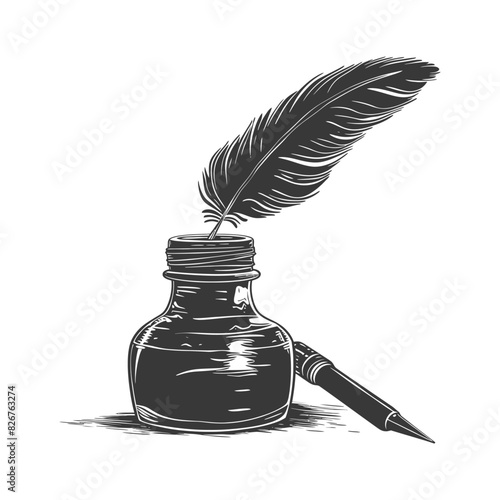 Silhouette quill in inkwell black color only