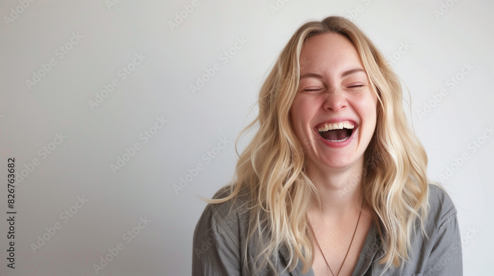 Joyful Blonde Woman Smiling and Laughing on White Background Joyful Blonde Woman Smiling and Laughing on White Background