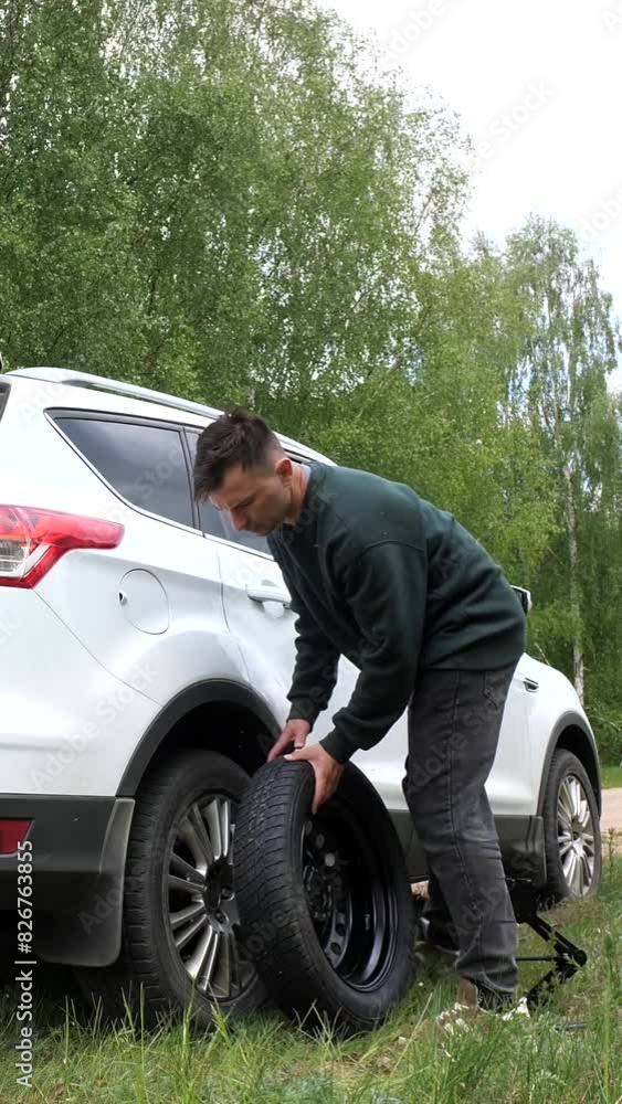vertical video driver takes out spare tire from the trunk of car. flat tire vertical video driver takes out spare tire from the trunk of car. flat tire