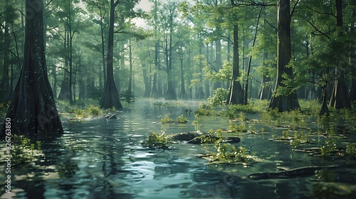 Landscape view of a swamp with cypress trees