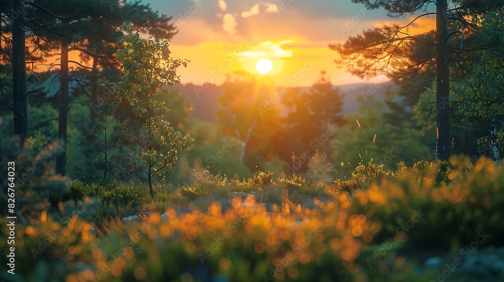 Landscape view of a sunset over a forested landscape