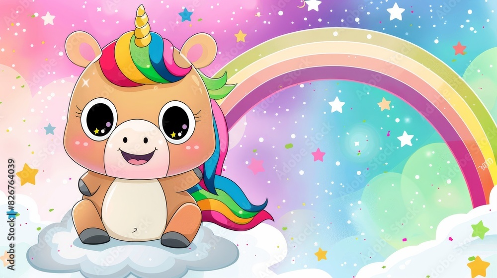 Cute Cartoon Unicorn with Rainbow in Starry Sky - Adorable Art for Kids with Happy, Colorful, and Whimsical Atmosphere Cute Cartoon Unicorn with Rainbow in Starry Sky - Adorable Art for Kids with Happy, Colorful, and Whimsical Atmosphere