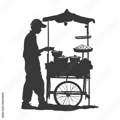 Silhouette street vendor in action full body black color only