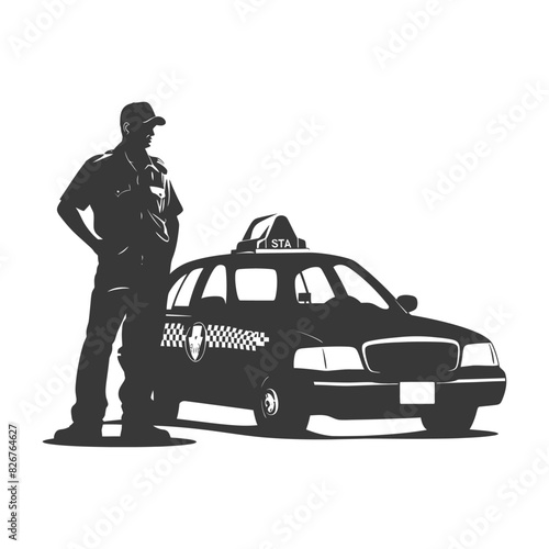 Silhouette taxi driver in action full body black color only