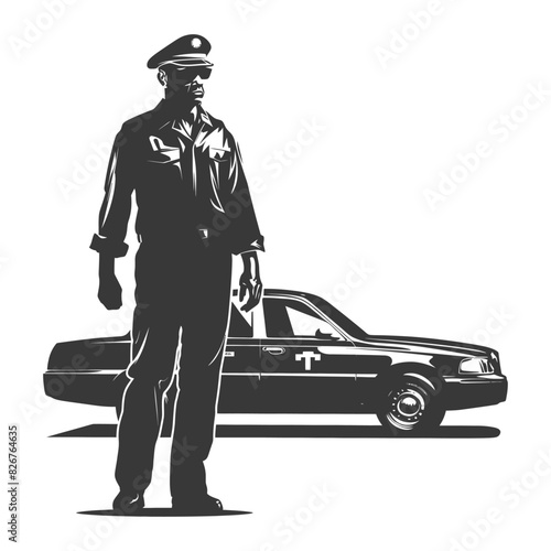 Silhouette taxi driver in action full body black color only