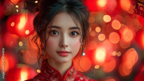 Portrait of a young Asian woman in traditional attire with dreamy red bokeh light background © AS Photo Family