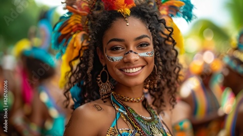 Vibrant portrait of a young woman at a carnival, wearing an elaborate feathered costume and smiling