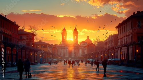 A stunning sunset over a bustling European square with silhouettes of people and flying birds photo