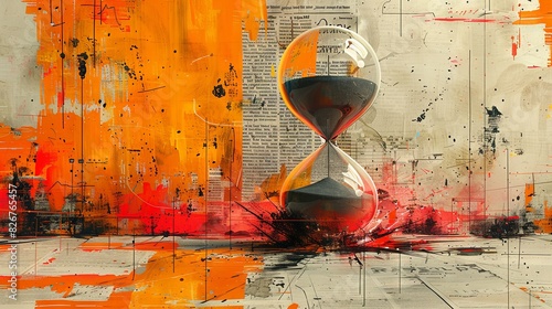 An abstract digital painting featuring a large hourglass over newsprint and vibrant splashes photo
