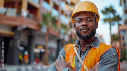 A portrait of a confident male construction worker with a helmet and reflective vest at an urban construction site