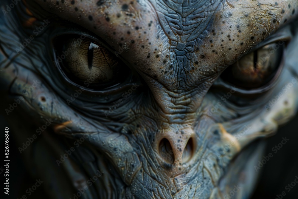 Macro shot focusing on the intense eyes and textured skin of an alien mask Macro shot focusing on the intense eyes and textured skin of an alien mask