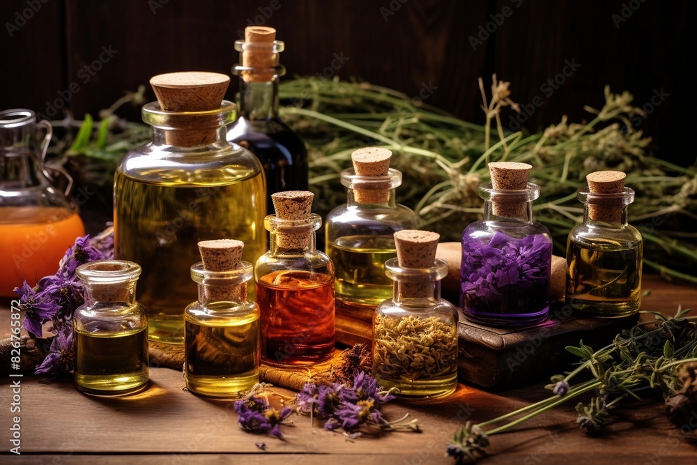 Glass bottles with essential oils, dried herbs in the background, alternative medicine and skincare concept Glass bottles with essential oils, dried herbs in the background, alternative medicine and skincare concept