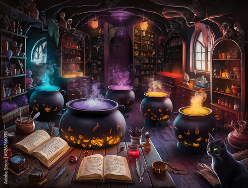 Illustration of a dimly-lit witch's potion room, filled with various elements of mystique and wonder. 