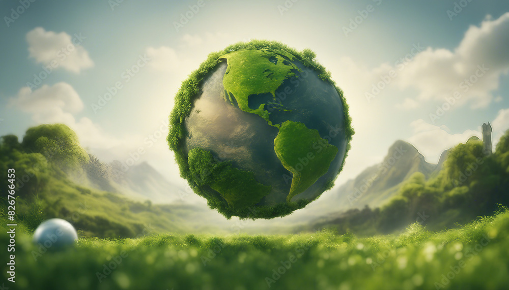 Earth Day Scene with Lush Green Landscape and Environmental Icons Earth Day Scene with Lush Green Landscape and Environmental Icons