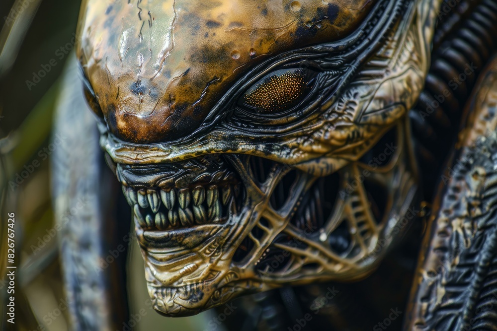 Detailed and intricate closeup of a fearsome and intimidating alien creature sculpture with metallic texture and vibrant artwork, designed for a scifi themed movie prop Detailed and intricate closeup of a fearsome and intimidating alien creature sculpture with metallic texture and vibrant artwork, designed for a scifi themed movie prop