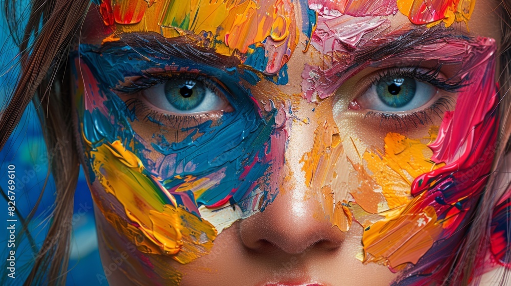 Vibrant close-up portrait of a woman's face adorned with colorful paintbrush strokes, showcasing artistic expression and creativity. Summer party concept. 