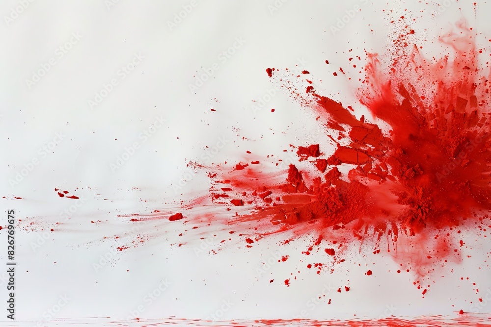 Red chalk fragments dispersing explosively, set against a stark white canvas Red chalk fragments dispersing explosively, set against a stark white canvas