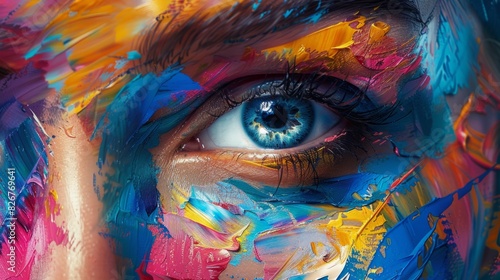 Vibrant close-up portrait of a woman's face adorned with colorful paintbrush strokes, showcasing artistic expression and creativity. Summer party concept. 