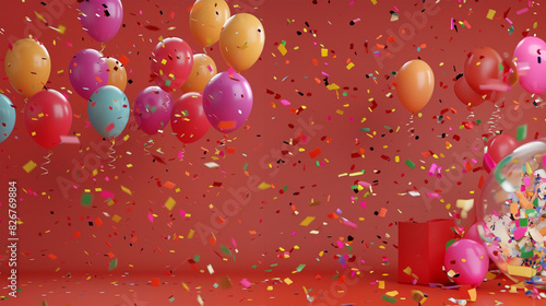 Bunch of bright balloons and space for text against color background happy birthday horizontal illustration. 3d realistic air balloons with confetti