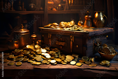 Old wooden workbench, numerous coins and gold ingots piled carelessly. Generative ai 