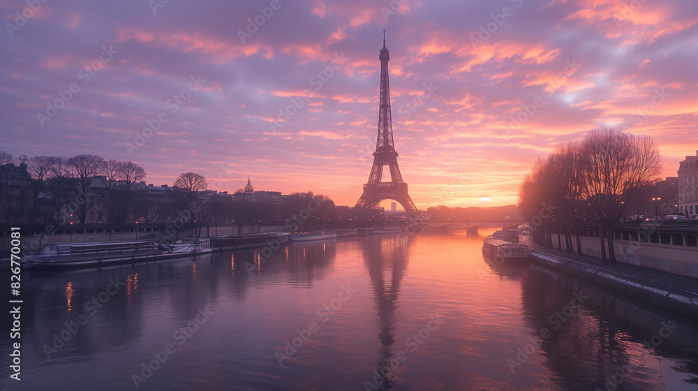 Fototapeta premium Eiffel Tower View Over River Seine at Sunrise in Paris