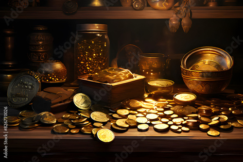 Piles of shimmering, old gold coins and various trinkets scattered across an aged oak workbench. Generative ai 