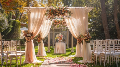 Beautiful outdoor wedding dress with elegant floral arrangements, draped fabrics and Chiavari chairs in the surrounding garden. The concept of wedding under the open sky. photo