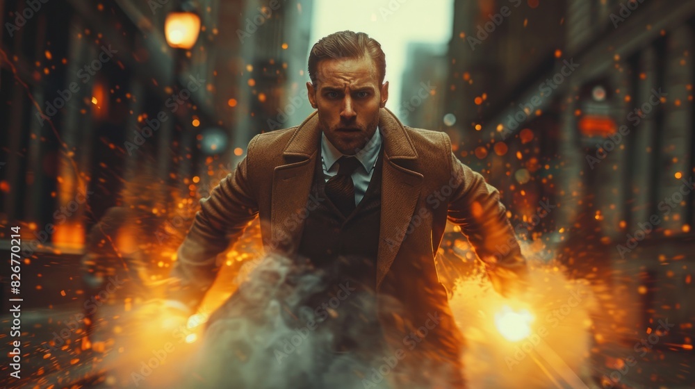 A lightning-infused businessman dashing through a classic cityscape with a vintage filter