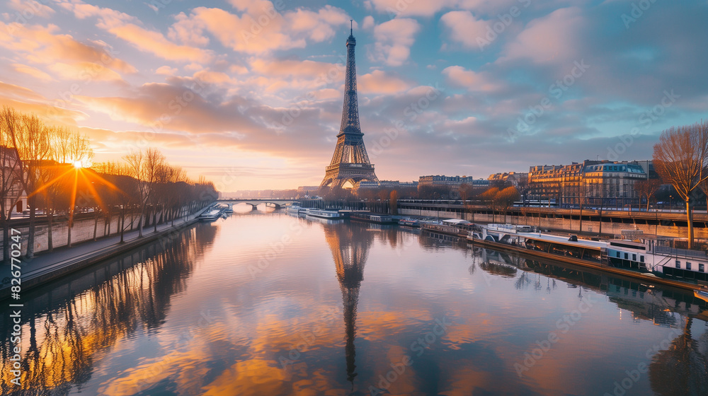Eiffel Tower and River Seine Sunrise View in Paris, France Eiffel Tower and River Seine Sunrise View in Paris, France