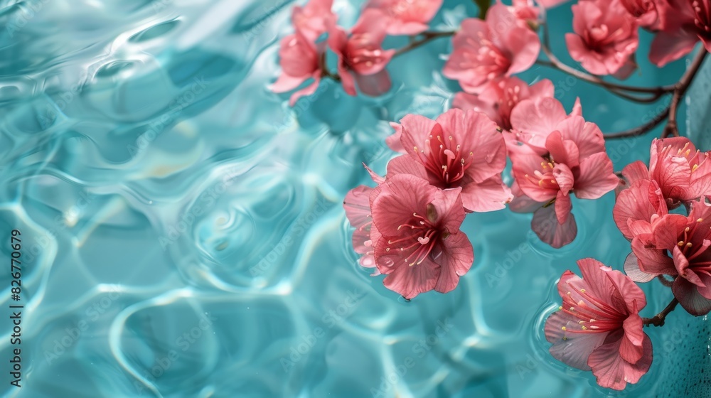 Serene close-up of pink flowers floating on calming blue water, creating a peaceful and tranquil feeling in a pool setting. Copy space.