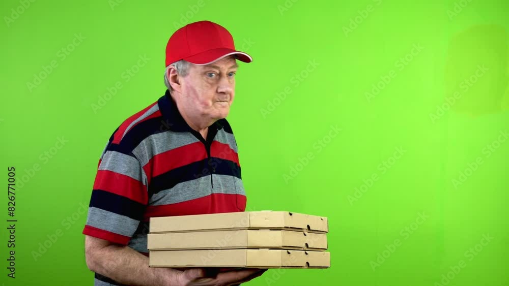 Mature delivery man waits for client and worried looks at wrist watch. Mature delivery man waits for client and worried looks at wrist watch.