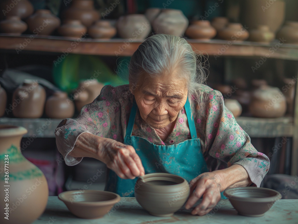 An elderly woman meticulously shapes clay pottery in a rustic studio, highlighting traditional craftsmanship and dedication to artisanal techniques; perfect for promoting heritage and handmade goods. An elderly woman meticulously shapes clay pottery in a rustic studio, highlighting traditional craftsmanship and dedication to artisanal techniques; perfect for promoting heritage and handmade goods.