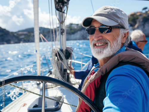 Senior man enjoying a sunny day sailing on a yacht, smiling and wearing sunglasses and a cap, with beautiful blue sea and rocky coastline in the background, perfect for adventure and travel themes. © Antonio