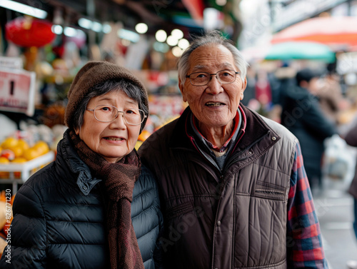 Elderly couple enjoying a day out at a bustling market, showcasing the vibrancy of urban life and the joy of togetherness, perfect for lifestyle and cultural imagery.