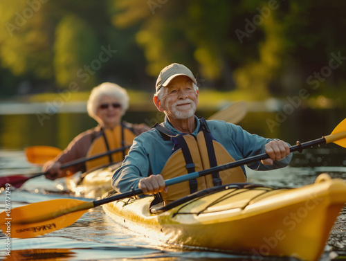 Senior couple enjoying a serene kayaking adventure on a calm lake during a beautiful sunny day, emphasizing active lifestyle, nature, and outdoor recreation.