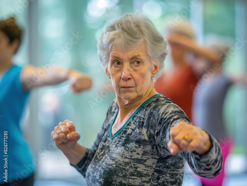 Senior woman practicing martial arts in a fitness class, showing strength, focus, and determination; perfect concept for promoting active aging, wellness, and community fitness programs.