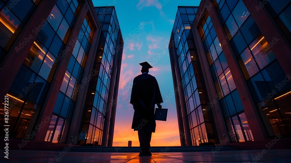 Lawyer with Graduation Cap Silhouetted Against Towering Courthouse at Sunset Lawyer with Graduation Cap Silhouetted Against Towering Courthouse at Sunset