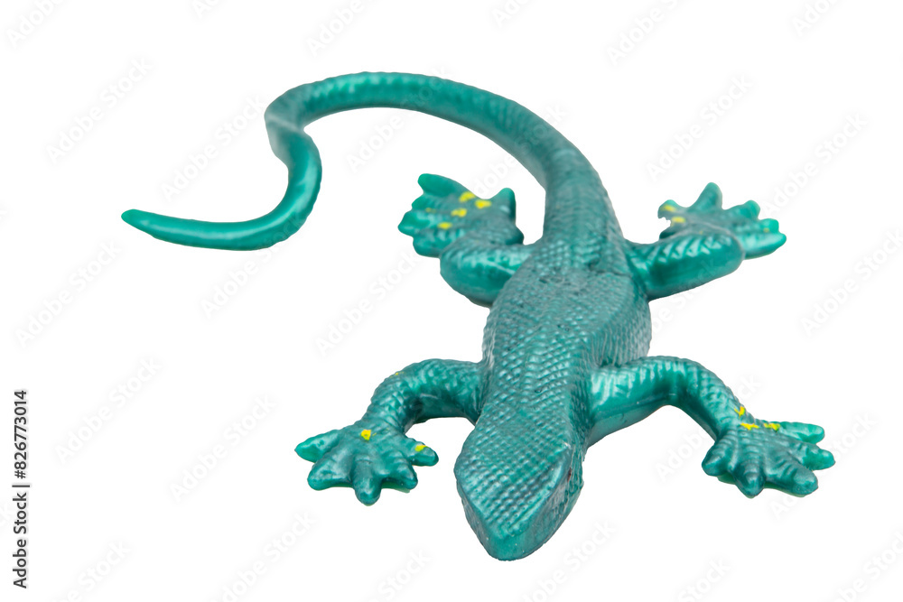Obraz premium Green rubber lizard toy with no background. Stretchable toy. Anti-stress. Horizontal photo. For text.