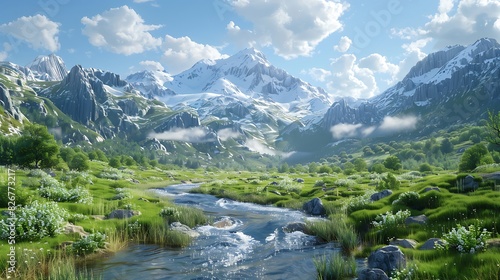 Landscape view of a mountain valley with a river running through it