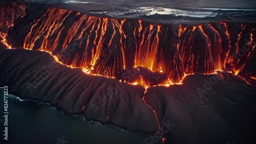 Aerial View of Lava Flow in the Ocean