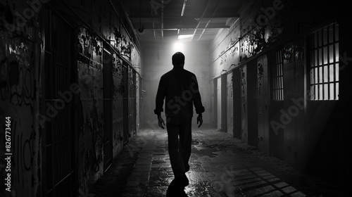a man walks in a prison hallway background dark black and light