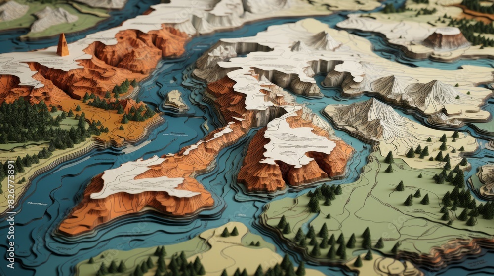 Detailed 3D Render Of A Geographic Landscape With Elevation Layers. Generative AI Detailed 3D Render Of A Geographic Landscape With Elevation Layers. Generative AI