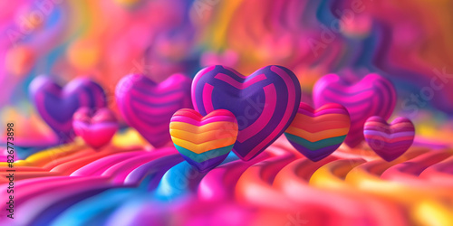 Bunte 3D Herzen in leuchtenden harmonischen  Farben. Abstrakter und farbenfroher 3D Hintergrund mit Herzen in Candy Farben zu Valentinstag, Geburtstag oder Muttertag photo