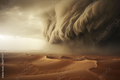 Sandstorm in the sandy desert. Natural disaster concept. Cloud of sand in the desert