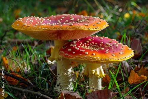 Closeup of colorful amanita muscaria mushrooms amid fallen leaves