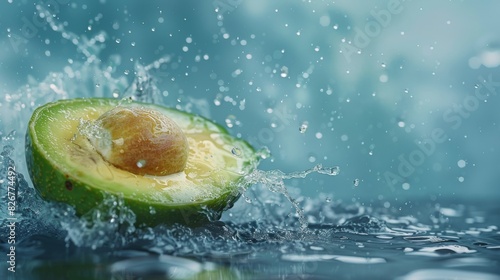 Avocado and water splash. captured with highspeed photography as they break through the waters surface.